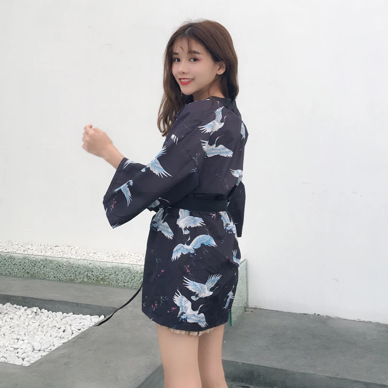 Японское женское кимоно Yukata Haori, карнавальные костюмы для девочек, Harajuku, свободные кимоно с принтом в виде Журавля, кардиган, верхняя одежда, повседневная куртка