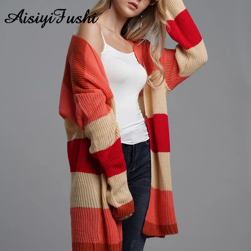 Winter Women Long Sleeve Cardigan Striped Female Knitted Cardigans Rainbow Warm Women'S Femme Manche Longue 2020 |