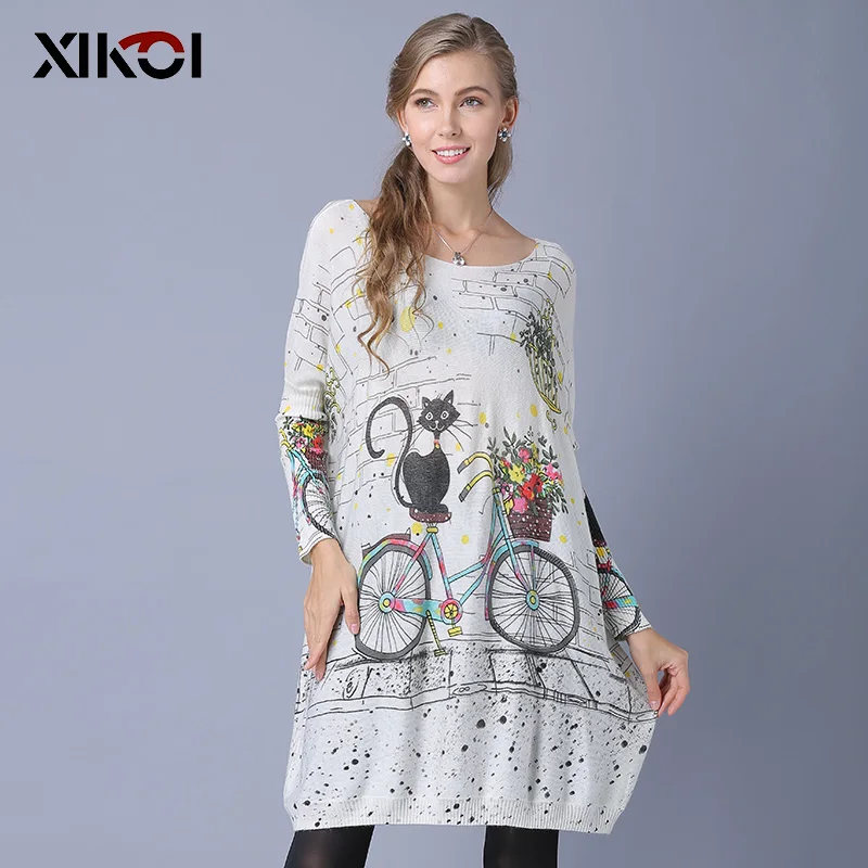 XIKOI Woman Oversize Sweater Winter Long Cat Bicycle Print Casual Coat Batwing Sleeve Pullovers Clothing | Женская одежда