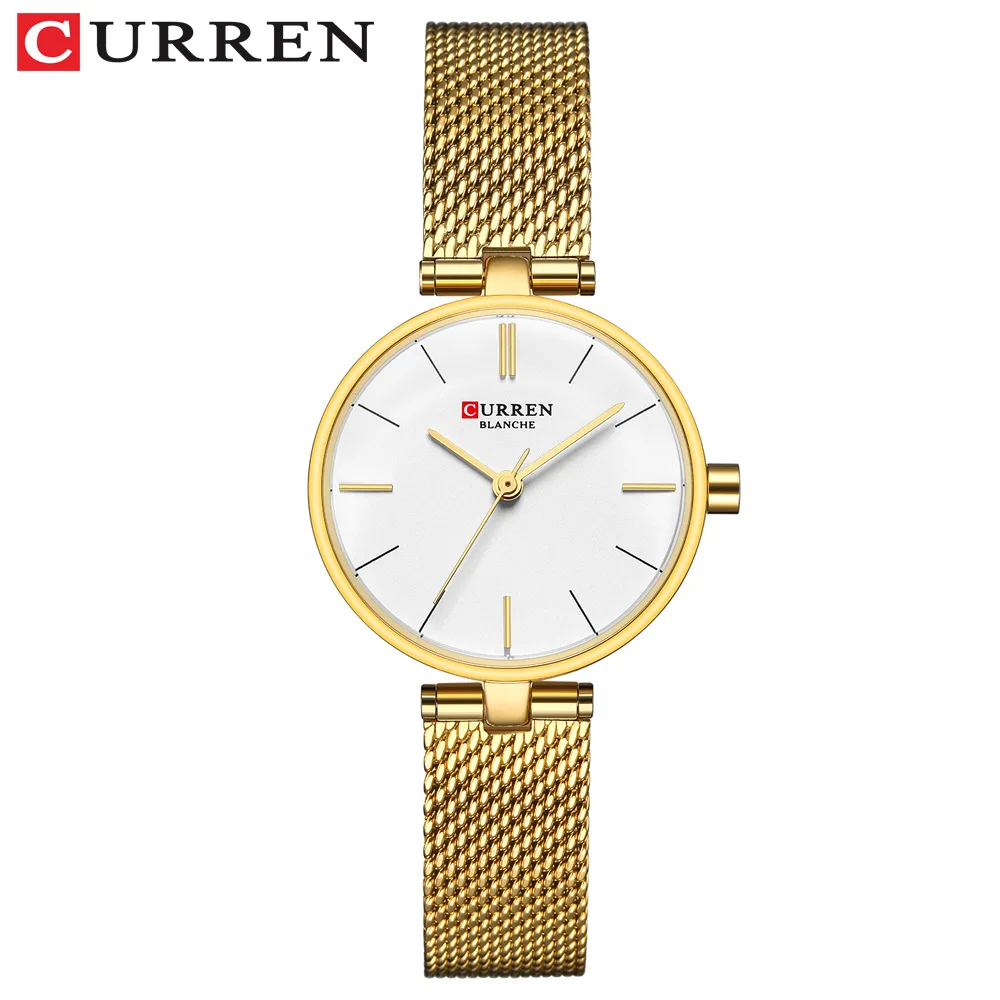 gold white CURREN, Простые аналоговые кварцевые часы для женщин, нержавеющая сталь, сетка, наручные часы, женское платье, браслет, часы, женские часы, подарок - Цвет: gold white