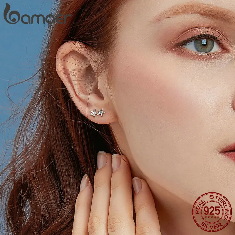 Женские асимметричные серьги гвоздики BAMOER Star Comet прозрачные с фианитами 925 пробы
