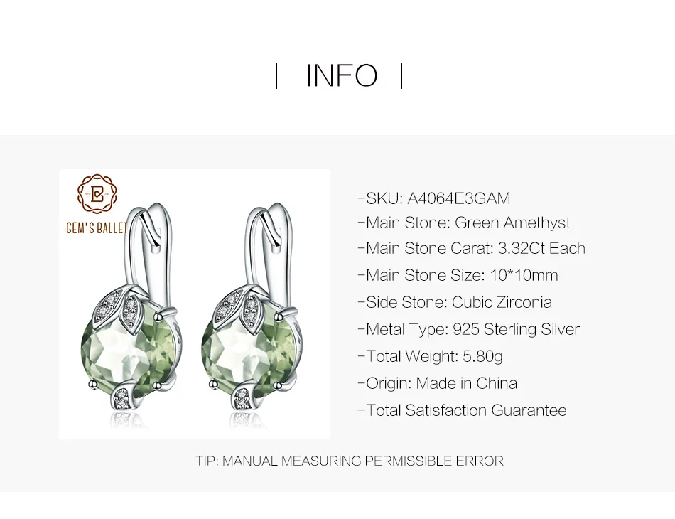 GEM'S балетные 925 пробы серебро 6.65Ct натуральный зеленый аметист драгоценный камень Свадебные обручальные серьги-гвоздики для женщин хорошее ювелирное изделие