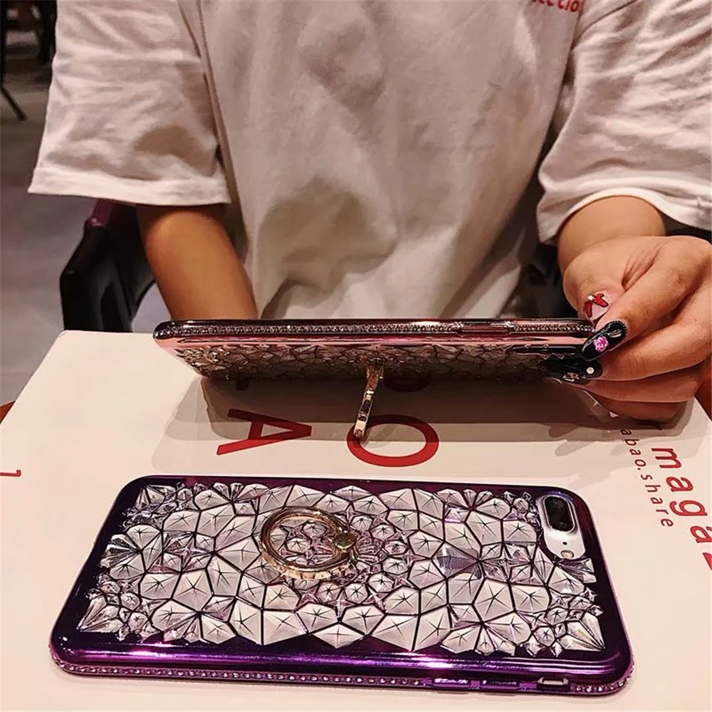 for iPhone Xs Max XR X Case Luxury 3D Soft Ring Capa 5 5S SE 6 S 8 7 Plus Silicon Glitter Rhinestone Stand Cover | Мобильные
