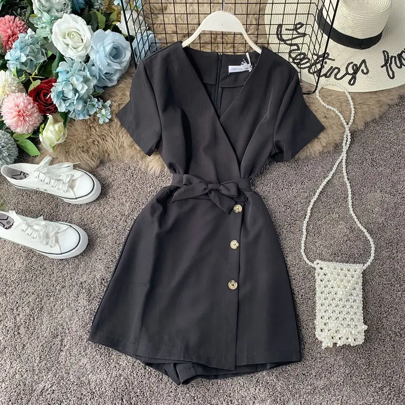 Женский комбинезон с коротким рукавом LUOSHA пикантный глубоким V образным вырезом