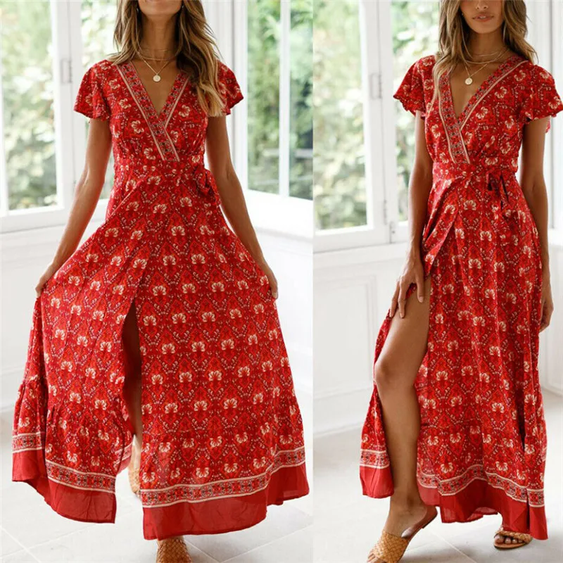 Женское платье-Макси Boho Пляжное платье с цветочным принтом и треугольным вырезом