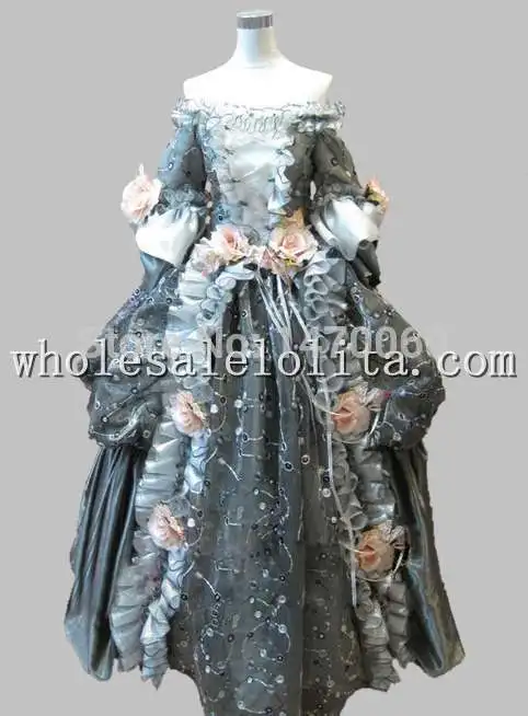 Серый цветочный костюм Marie Antoinette с открытыми плечами в стиле барокко рококо
