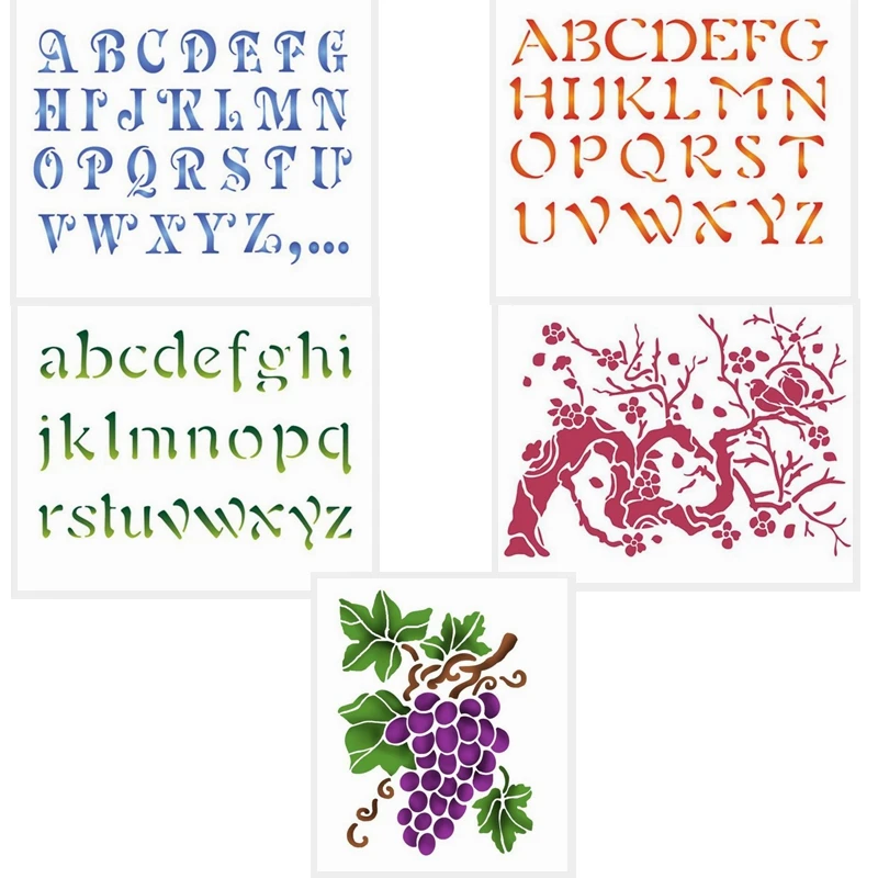 

Alphabets Grapes Pattern Plastic Spray Layering Stencils For DIY Scrapbooking Photo Album Decorative Drawing Sheet 6X8in
