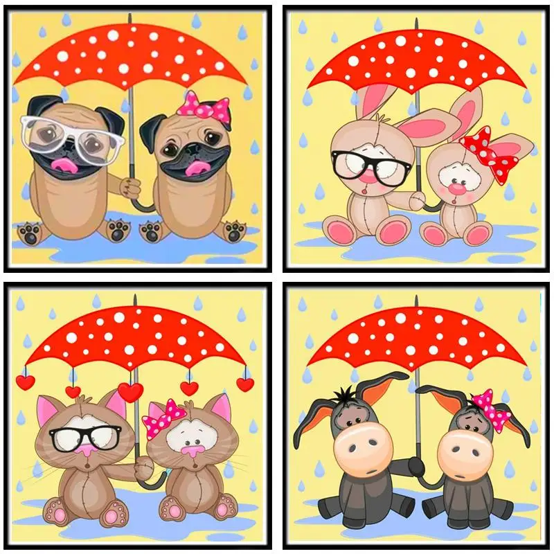 Красные зонты и животные Алмазная Картина Вышивка крестом 5D Diy мультфильм