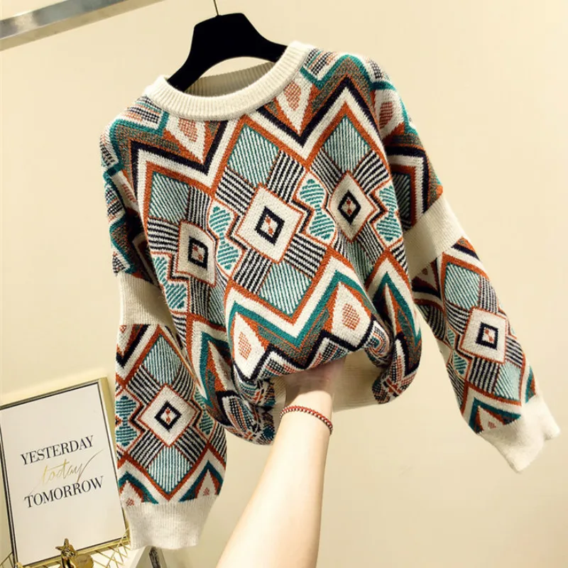 Ins lazy sweater O-Neck geometric Pullovers loose Knitted Shirts Long Flare Sleeved High Waist tops | Женская одежда