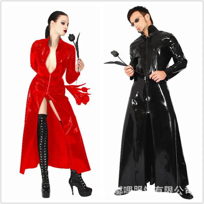 

Listing Men Women Matrix Neo Long Black Leather Coat Cosplay Black cape patent leather conjoined DJ night club ds party service