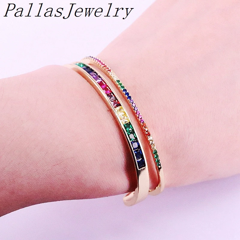 

3Pcs 2019 New Fashion Gold Filled Colorful Zirconia CZ Micro Pave Cuff Bangles Rainbow Wedding Jewelry Gifts