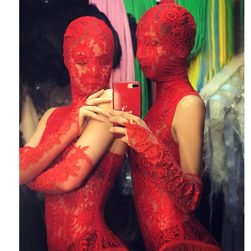 Women Nightclub Pole Dancing Costume Sexy Bar DJ DS Stage Wear Red Lace See-through Dress Perspective Performance Tassels | Тематическая