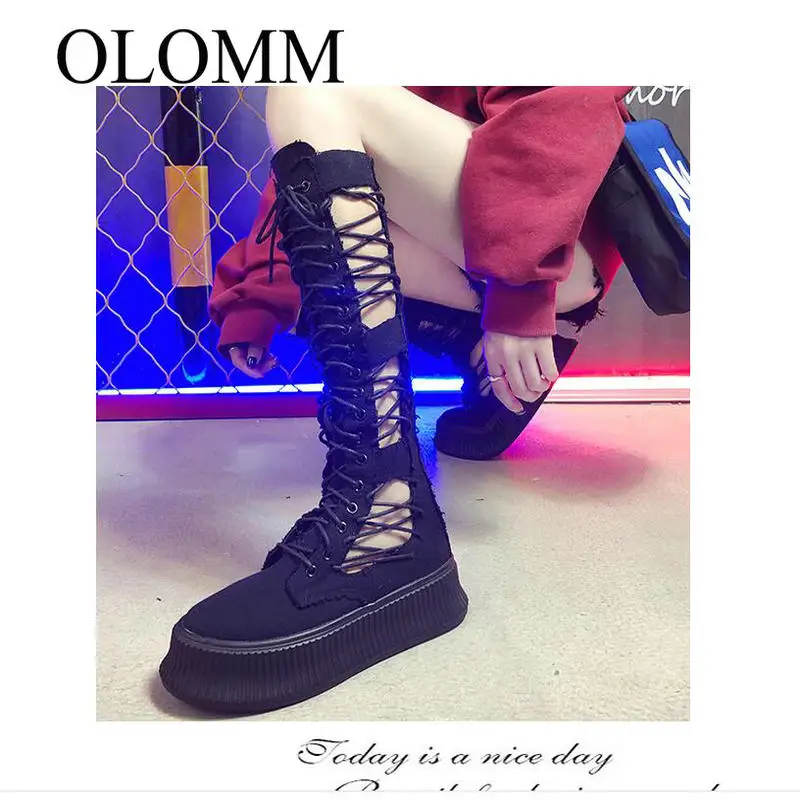Женская обувь OLOMM новинка весны 2019 модные длинные сапоги на молнии с завязкой и