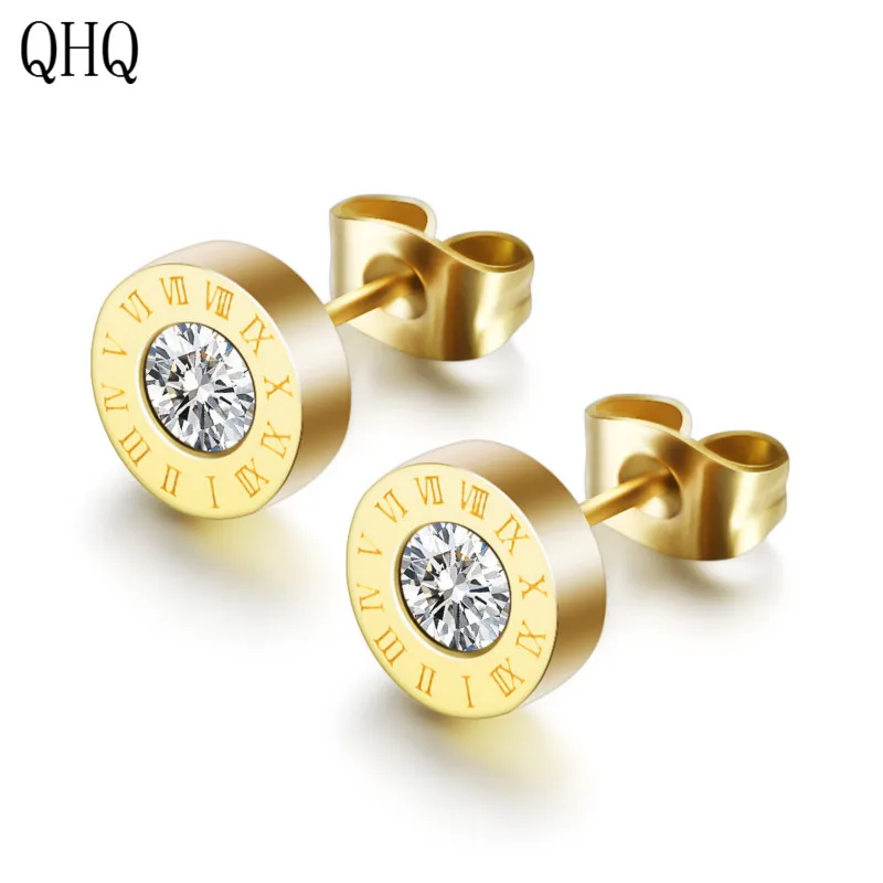 QHQ серьги гвоздики из титановой стали римские с числами корейские аксессуары в