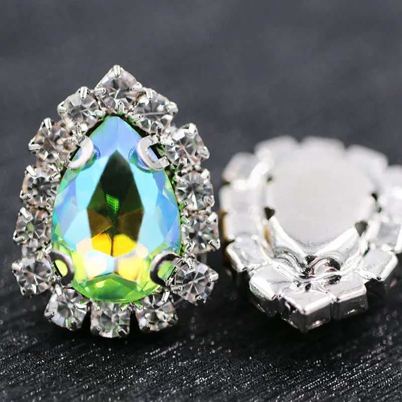 

Glass rhinestones teardrop sew on Sliver base crystal button Olive fluorescence crystals rhinestones diy nail art accessories
