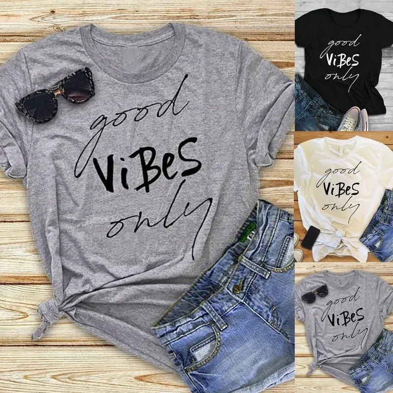 Модная футболка с буквенным принтом good Vibes only черная хлопковая Милая дышащая