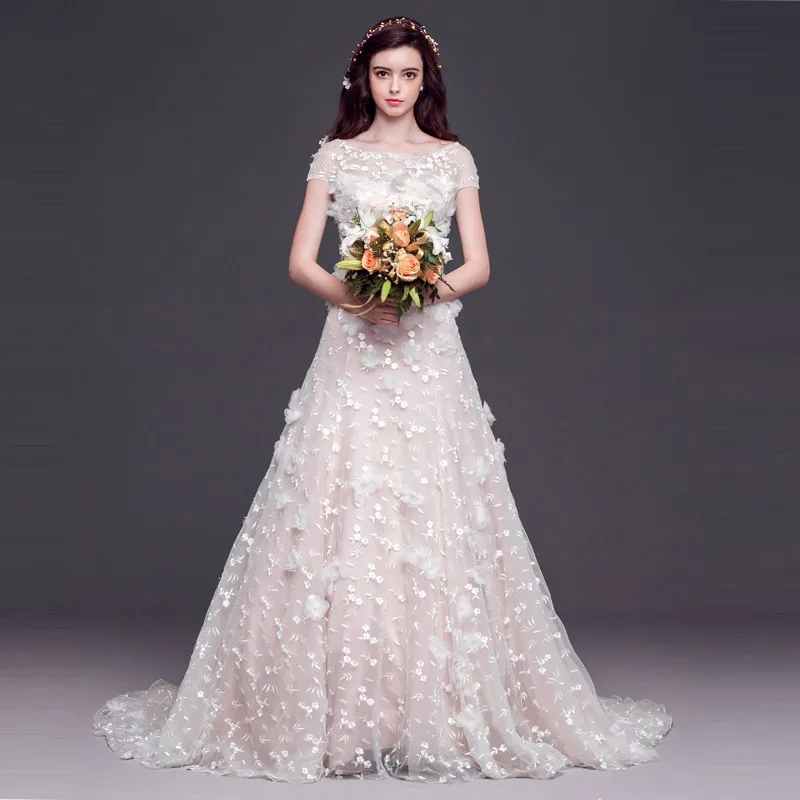 Короткие Рукава линия Элегантный Люкс Свадебные Платья 2017 Кружева Аппликации