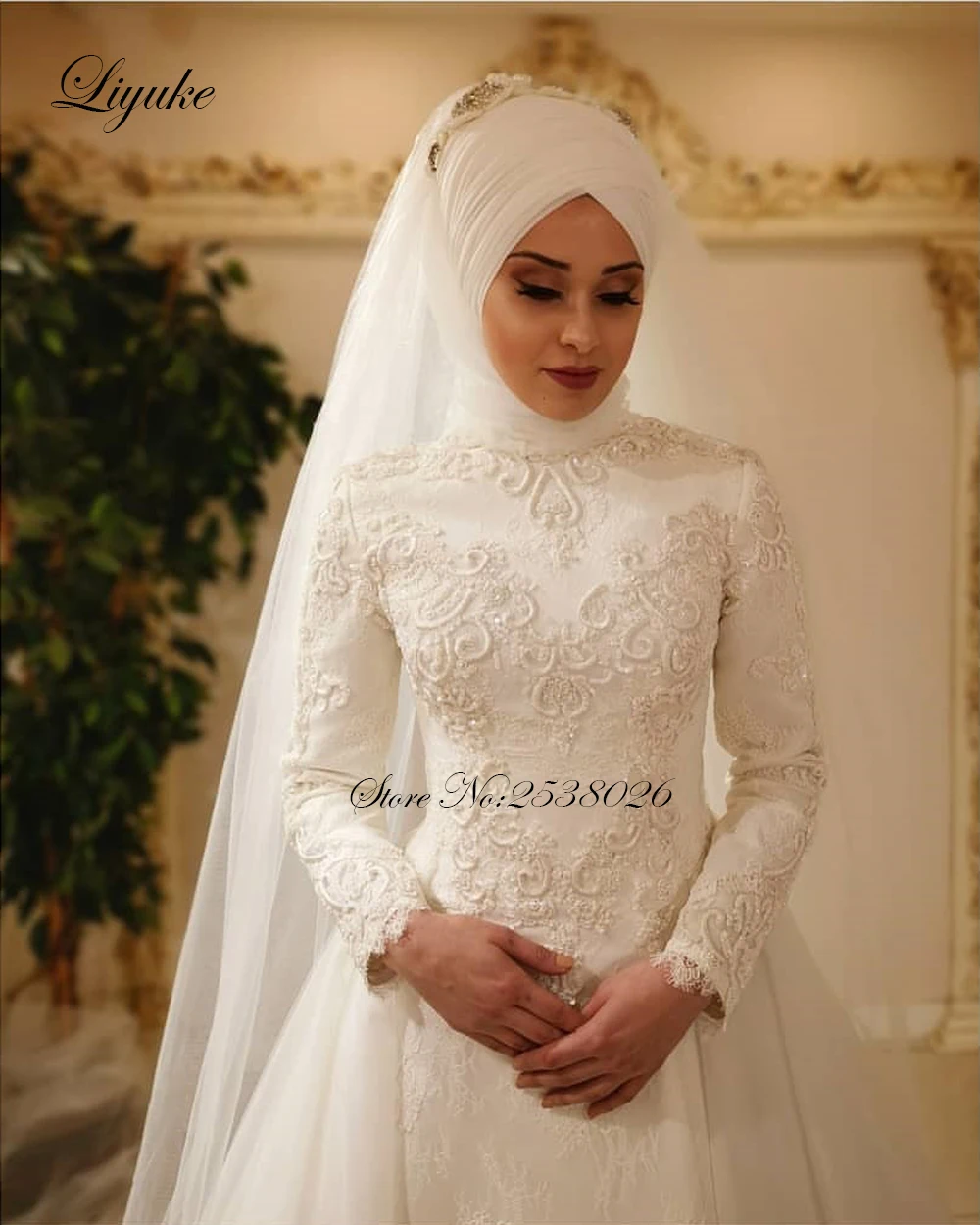 Liyuke Vestido De Noiva элегантные мусульманские свадебные платья с длинным рукавом и круглым вырезом, фатиновые кружевные исламские Свадебные платья на молнии сзади