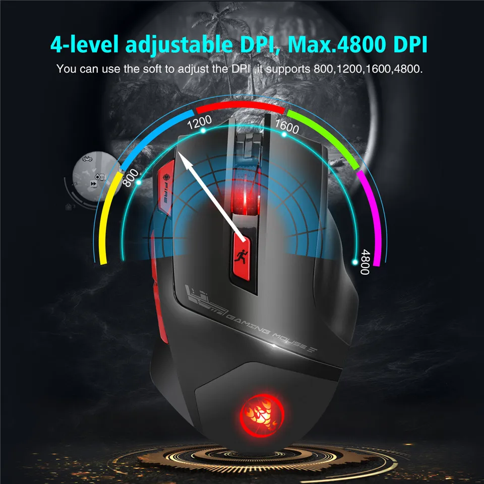 HXSJ T88 Беспроводная игровая мышь 7-Key эргономичный дизайн Поддержка макросъемки 7 цветов подсветки-перезаряжаемая до 4800 точек/дюйм