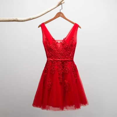 Короткое вечернее платье SSYFashion горячая Распродажа сексуальные кружевные вечерние платья с v-образным вырезом А-силуэта платья для выпускного вечера на заказ Robe De Soiree - Цвет: Red lace up