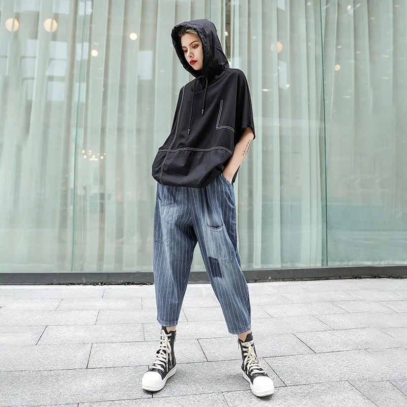 CHICEVER летние винтажные синие джинсовые женские штаны в полоску эластичные со