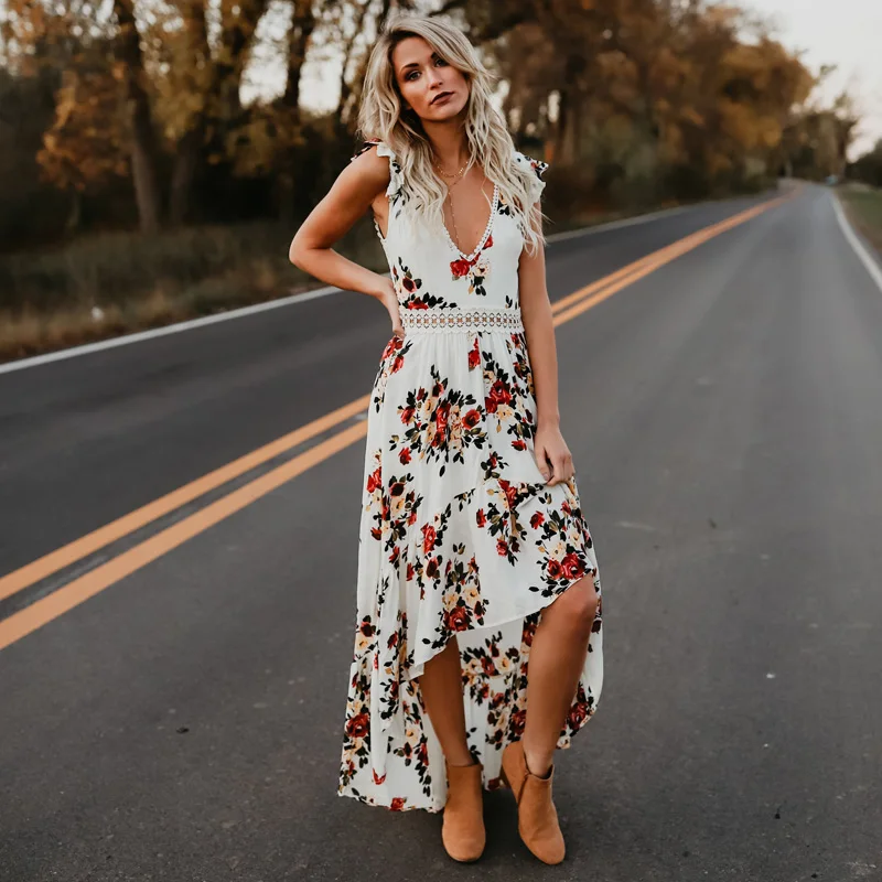 Женское платье с принтом Boho длинное Асимметричное Платье макси глубоким v