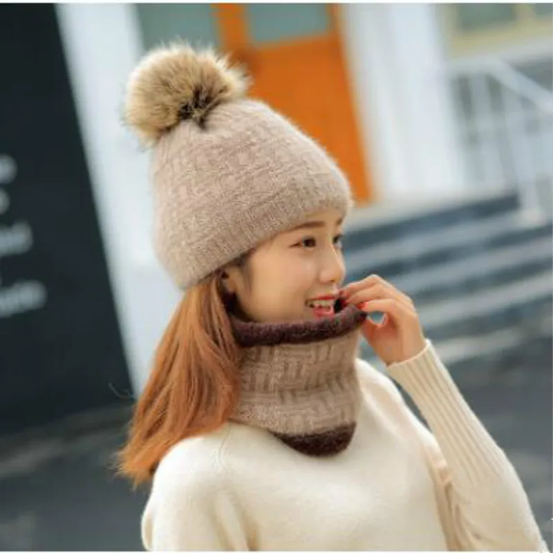 Теплая зимняя женская шапка шарф маска skullies beanie искусственный мех помпон шерсть