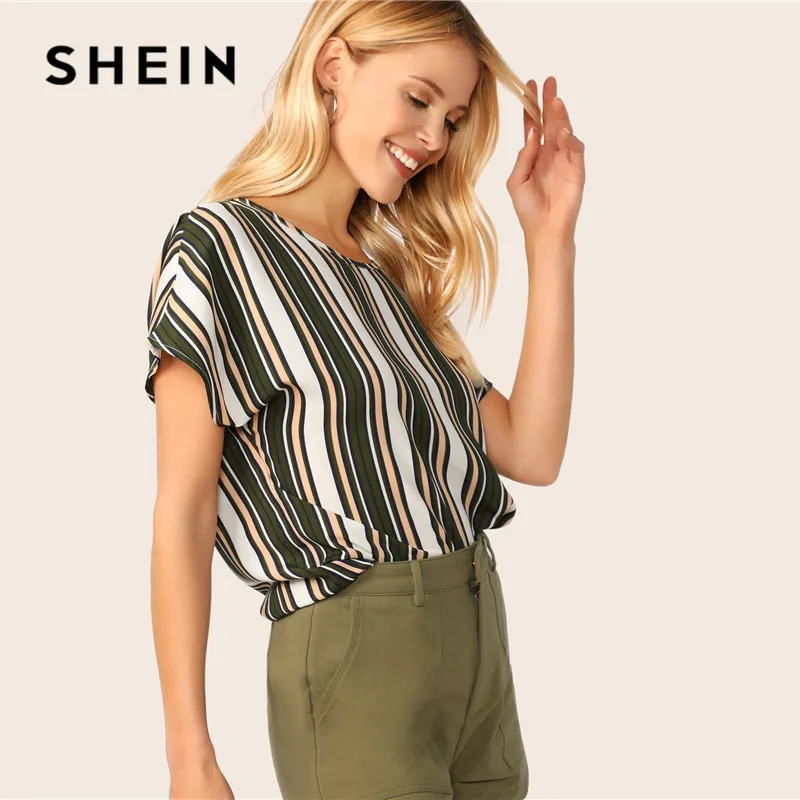 SHEIN летняя блузка в полоску с замочной скважиной на спине, Женские топы и блузки, повседневные женские топы с рукавом «летучая мышь» и круглым вырезом