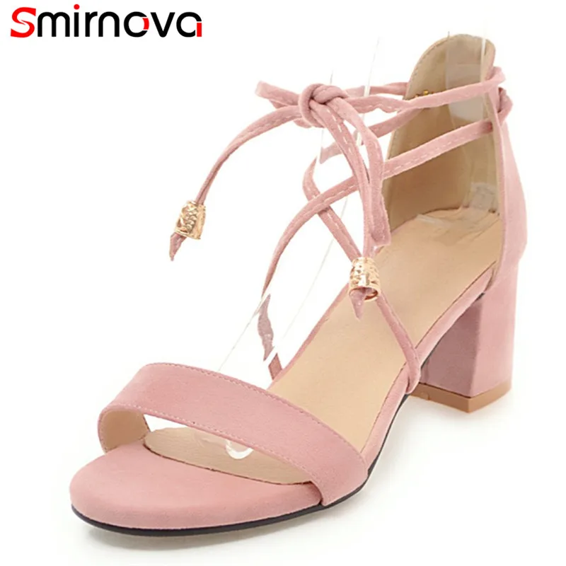 Smirnova 2018 fashion summer new arrival shoes woman big size 33-43 black pink ankle strap flock sandals women square heel | Обувь