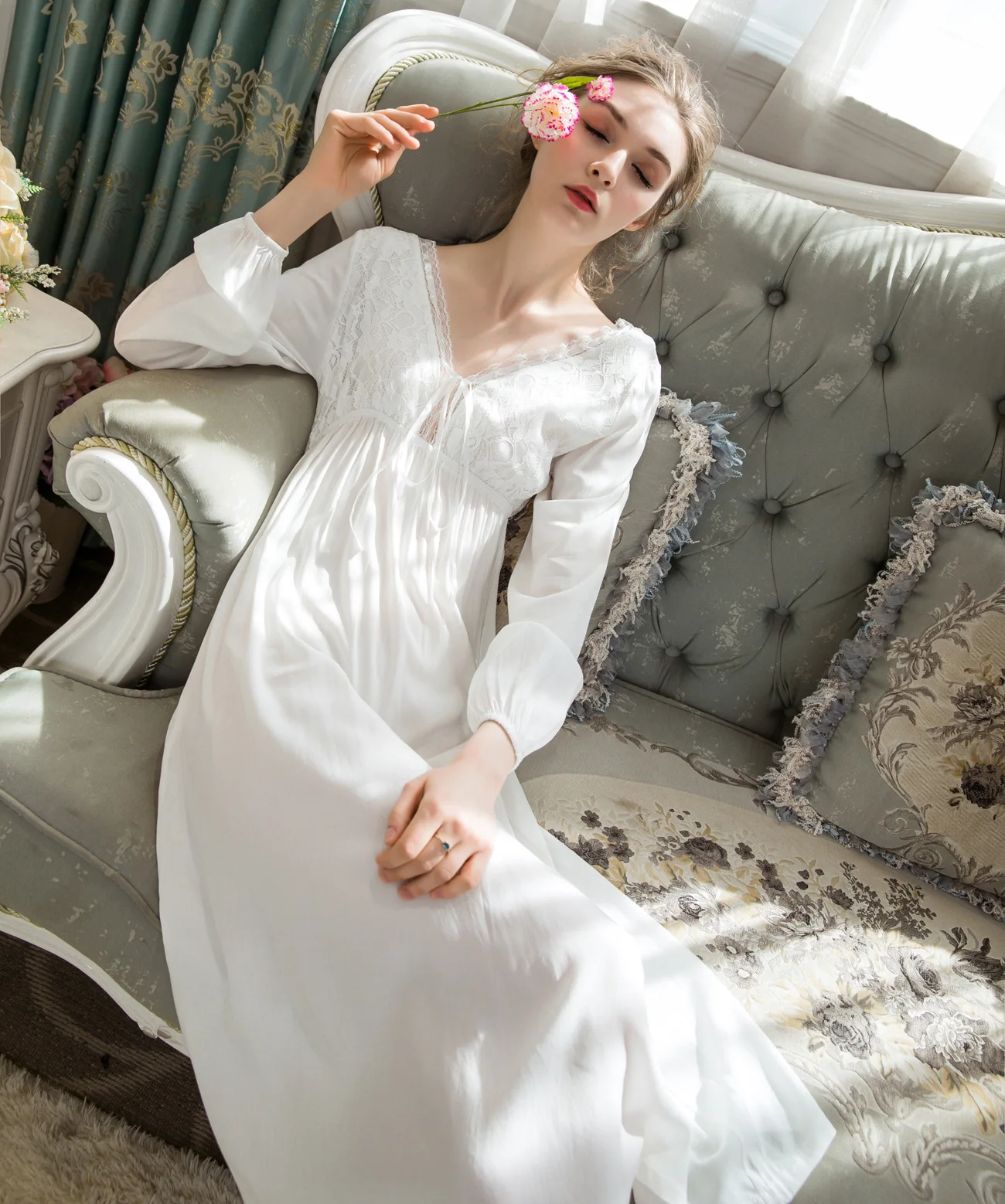 Сексуальная ночная рубашка принцессы с v-образным вырезом, ночная рубашка в винтажном стиле, ночная рубашка с длинным рукавом, Хлопковая пижама, женская ночная рубашка