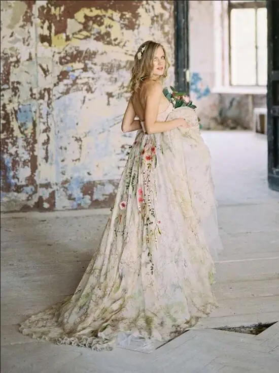 Same as picture Цветные Новые Модные свадебные платья с цветами, кружевные Элегантные сказочные свадебные платья, летние богемные Vestidoe De Noivas DW151 - Цвет: Same as picture