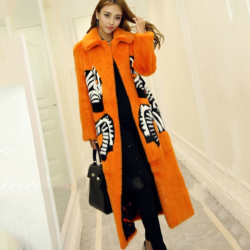 LVCHI Women Noble Print Fox Real Fur Coat 2019 Leather Fur Turn -Down Collar Zebra Denmark X-Long Mink Swan Velvet Mink Coats