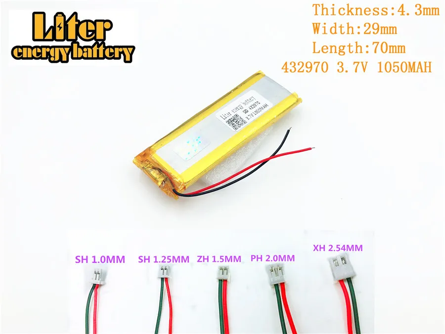 

432970 1050mah 3.7V polymer rechargeable battery FOR 3.7V 1050MAH 432970 PLUG GPS MP4 MP5 Lithium polymer battery