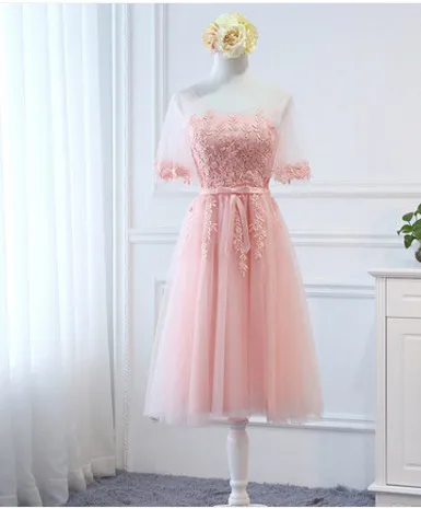 Robe De Soriee Новое лиловое платье подружки невесты платья фиолетовые Длинные Короткие рукава аппликации кружева элегантные невесты Формальное свадебное платье - Цвет: pink short