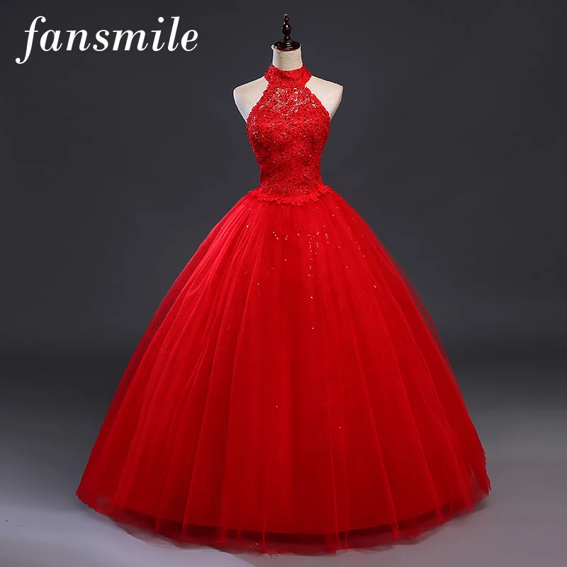 Fansmile красное винтажное свадебное платье на шнуровке с лямкой на шее Vestidos de Novia размера плюс свадебные платья под$50 FSM-277F
