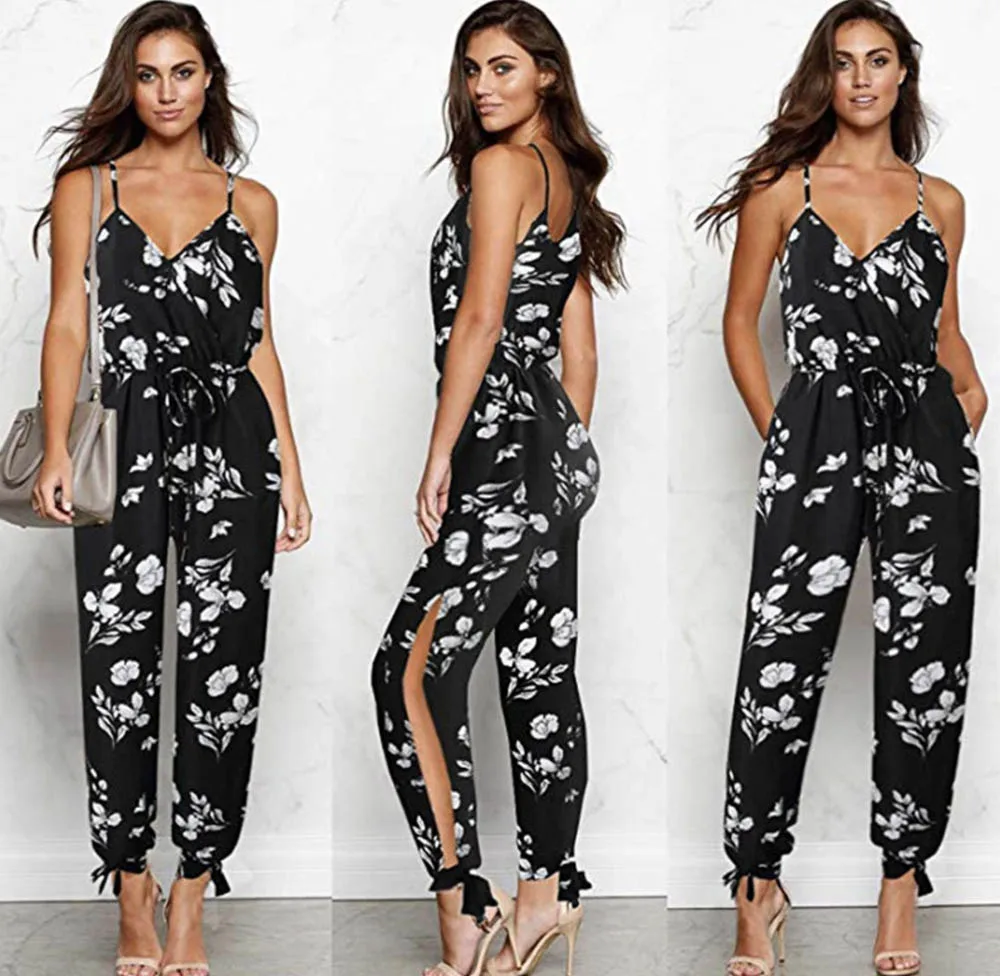 Женский комбинезон с цветочным принтом v-образным вырезом на бретельках