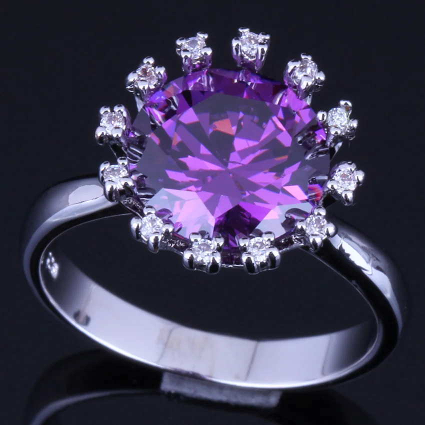 

Wonderful Crown Purple Cubic Zirconia White CZ Silver Plated Ring V0114