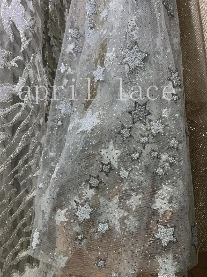 

5 ярдов, блестящая сетчатая ткань HLL07 с серебряными звездами с наклеенными блестками, ручная печать, африканская, индийская, для свадебного платья невесты