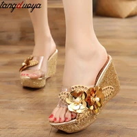 platform slippers wedge slides slippers women summer shoes beach sandals slippers ladies shoes with heels pearl flower 2021