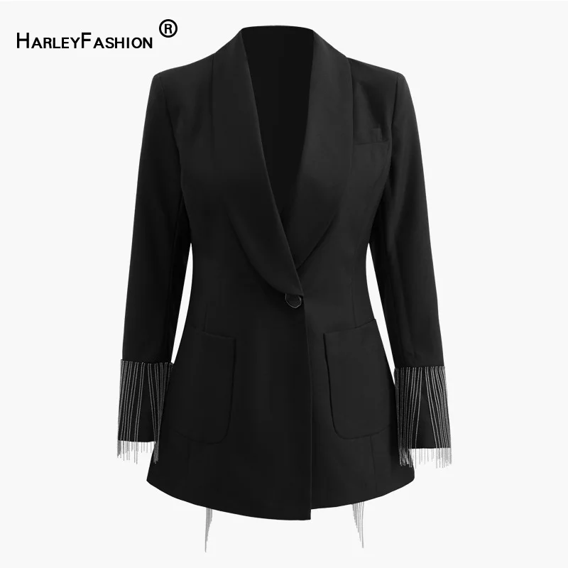 HarleyFashion Европа и Америка кисточкой лоскутное блестящие повседневные Необычные черные вечерние на одной пуговице блейзер