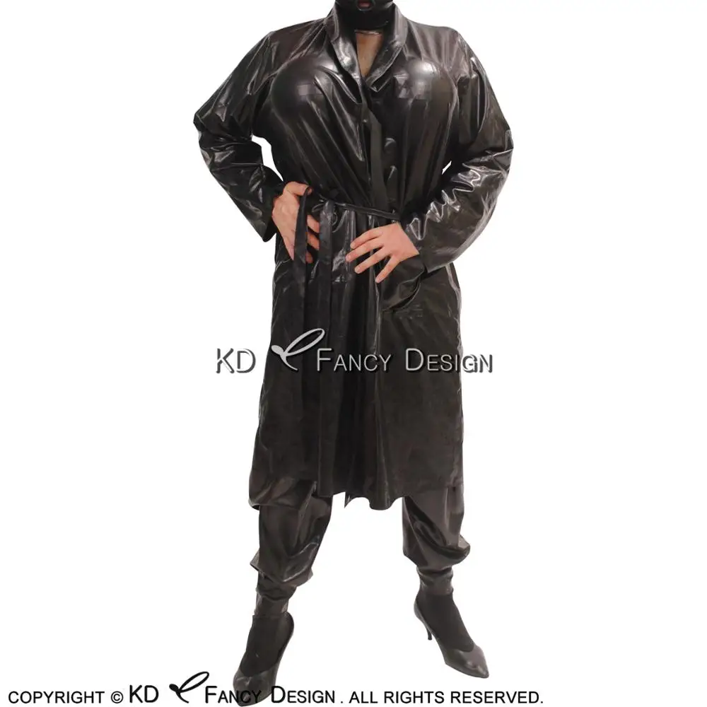 

Black Sexy Latex Pajamas With Pockets Long Sleeves Belts Rubber Jacket Coat Robe YF-0068