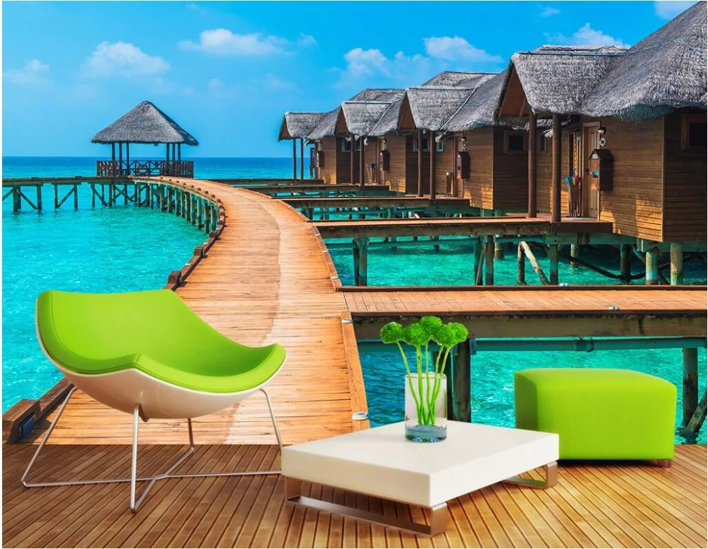 

Фотообои 3d на заказ, настенные фрески, Мальдивы, море, вилла, ландшафтный Декор, живопись, Настенные обои для гостиной