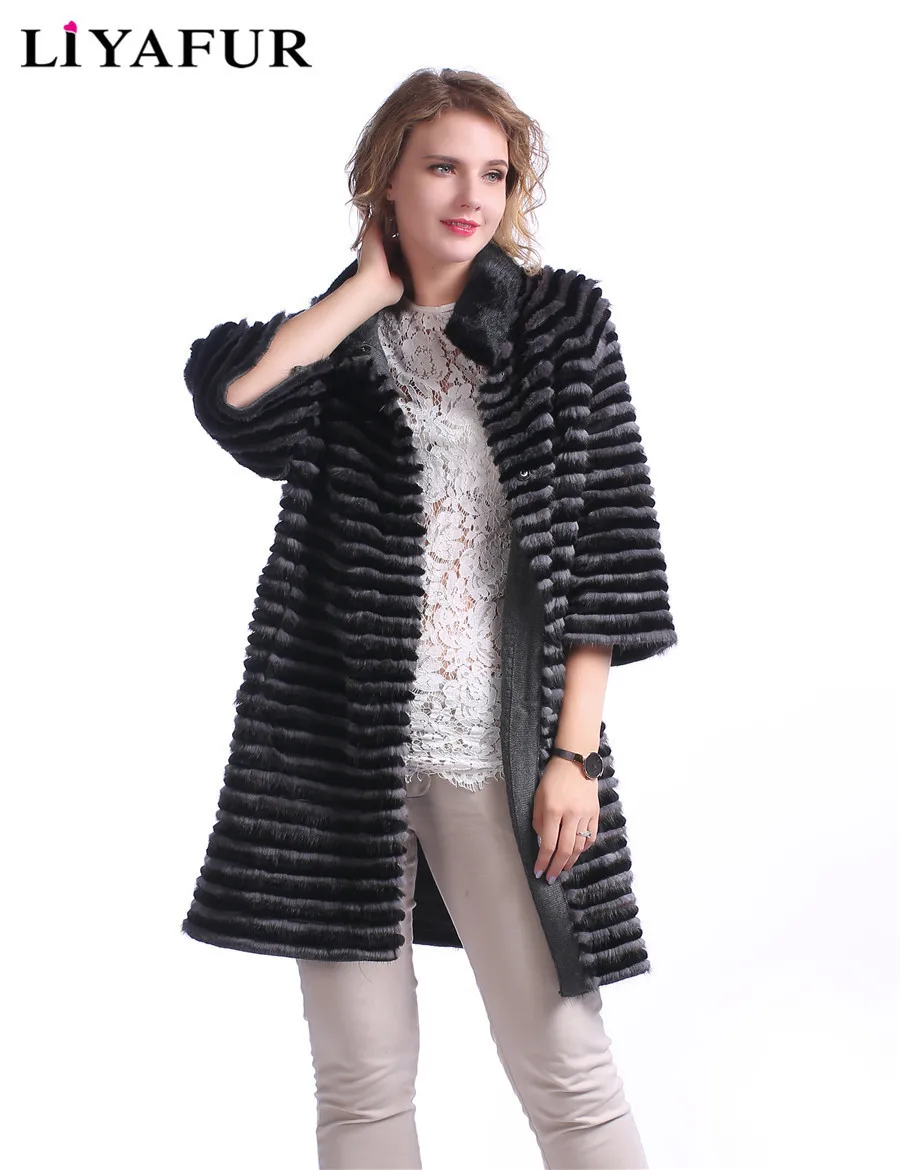 LIYAFUR New Style Real Genuine Mink Fur With Rex Rabbit Stripped Long Coat For Women Natural Cardigan Lining Outerwear|mink fur|genuine minkreal mink