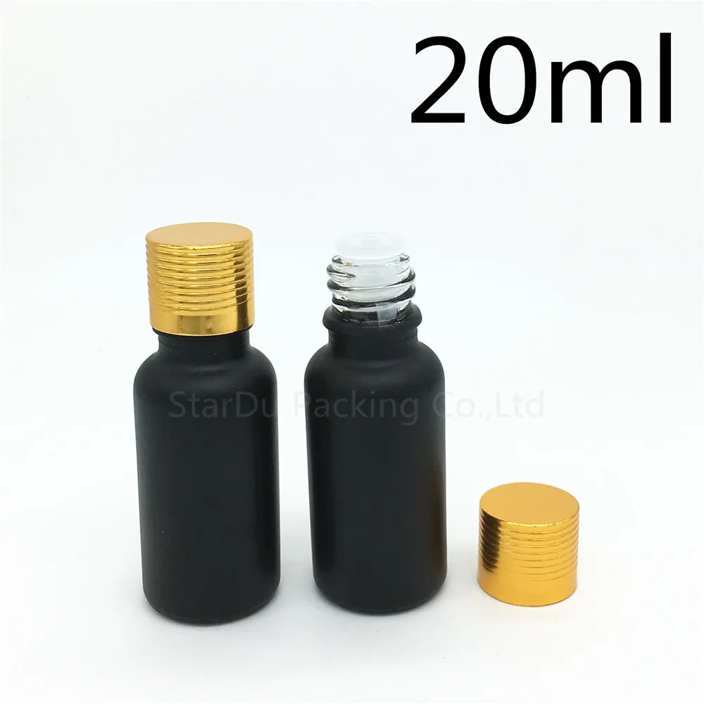 

Free Shipping 200pcs 20ML Black Frosted Glass Bottle 20ml Vials Essential Oil Bottle Gold Aluminum Screw Cover Perfume Bottle