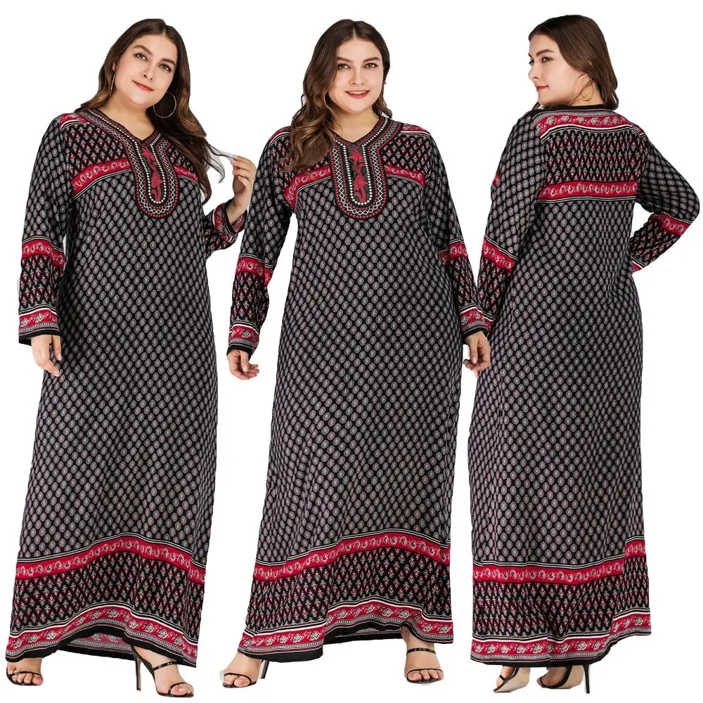 Длинное платье с вышивкой Abaya Платье Бохо большого размера для женщин