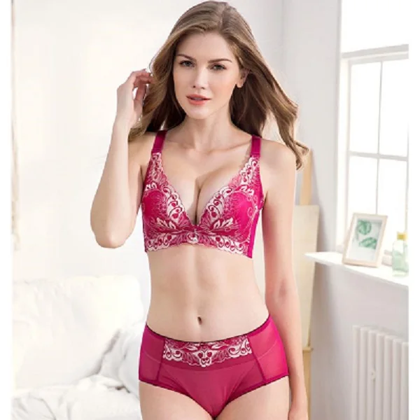 Fashion Sexy Bra Sets Thin Women lace bra Sexy Push Up underwear women set lace comfortable brassiere bra embroidery lingerie - Цвет: Wine red