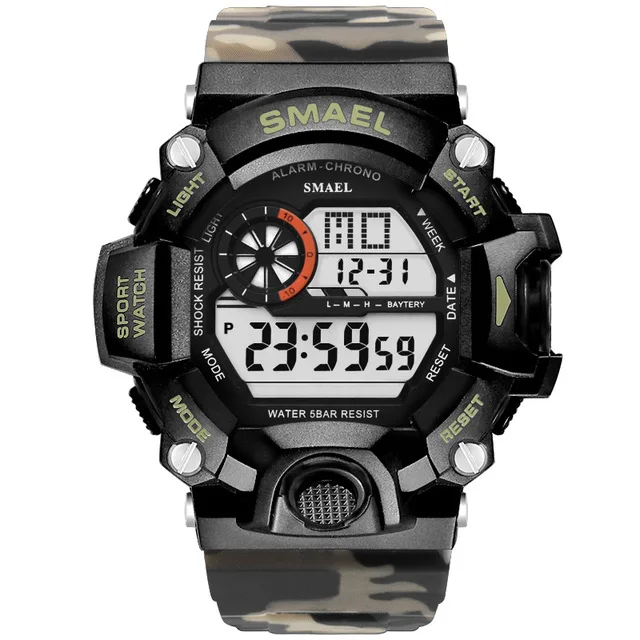 Camo Khaki SMAEL, мужские спортивные часы, шок, военные часы, модные камуфляжные наручные часы, для дайвинга, мужские спортивные, светодиодный, цифровые, водонепроницаемые часы - Цвет: Camo Khaki