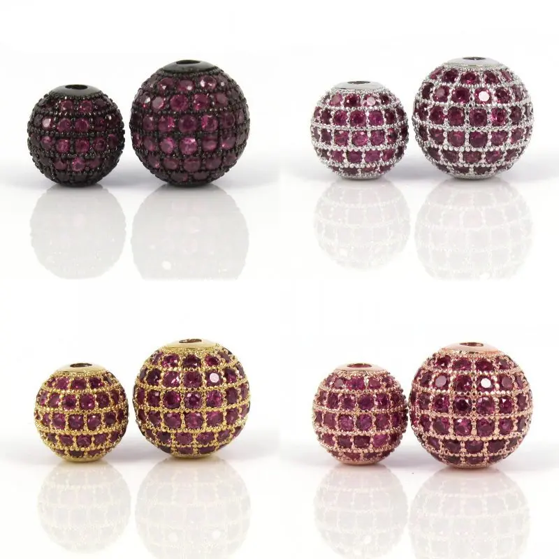 6mm 8mm 10mm 12mm Mixed Gold Silver Black Color &amp Micro Pave Fuchsia CZ Metal Round Bead For Bracelets Making Jewelry DIY Beads |