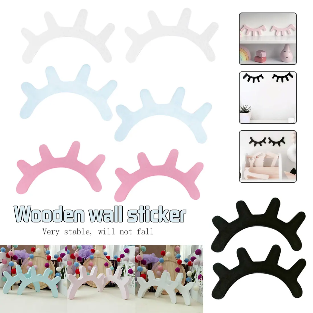 1 Pair Cartoon 3D Wood Eyelash Wall Sticker Children Kids Baby Room selfadhesive Background Home Decoration | Дом и сад