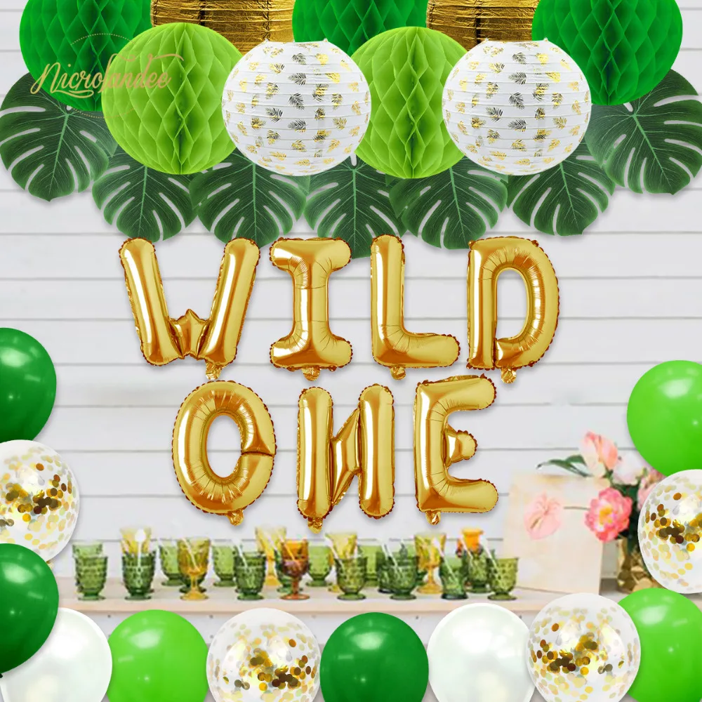 

NICROLANDEE 35 pcs/set Gold GreenWild One Child Baby Boy Girl Jungle Birthday Party Home Decoration New Decor DIY